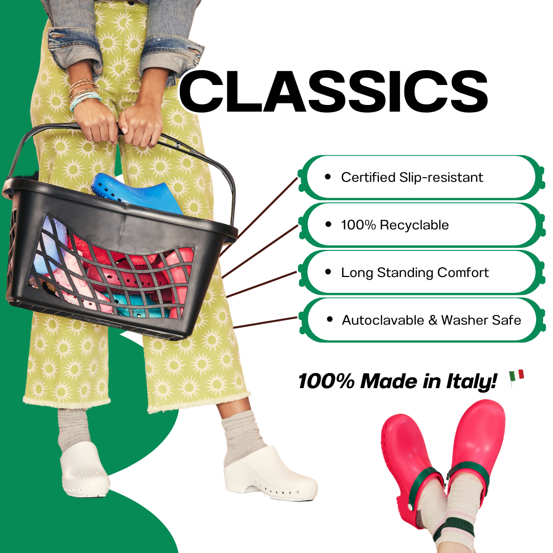 Person holding a black basket with colorful items, wearing green shoes, against a white background with text about product features.