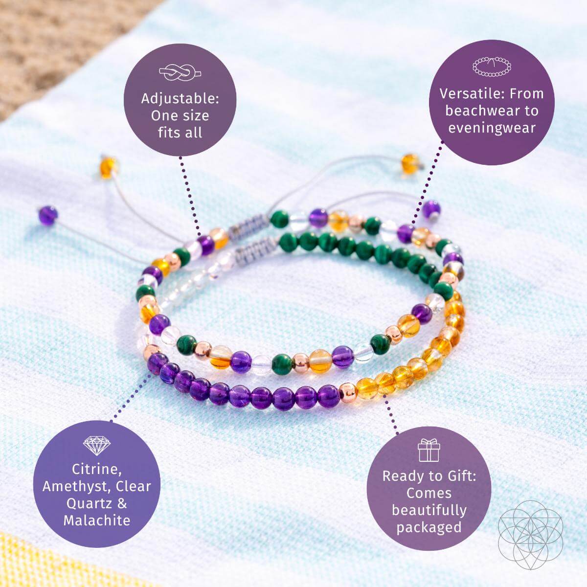 Set of beaded bracelets with purple, green, and yellow beads on a textured fabric background.