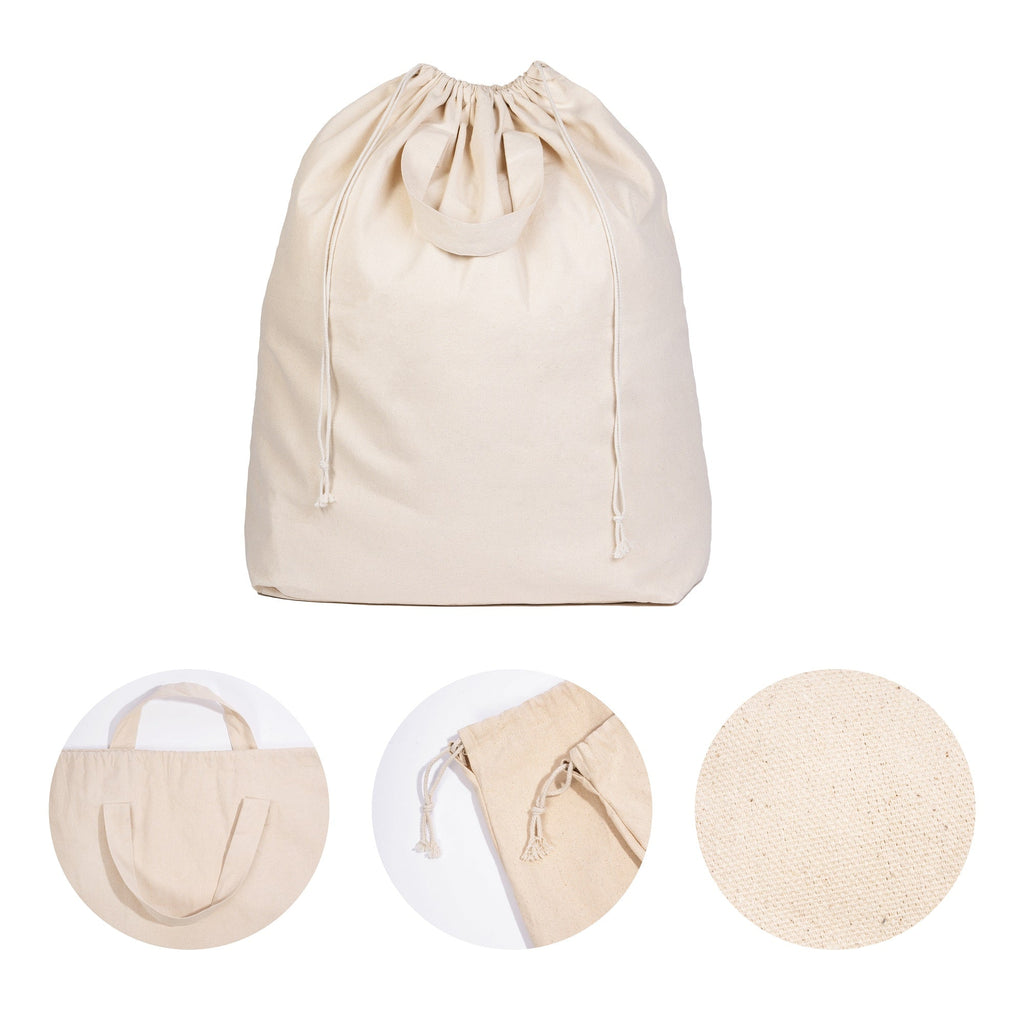 Beige drawstring bag with close-up insets on a white background