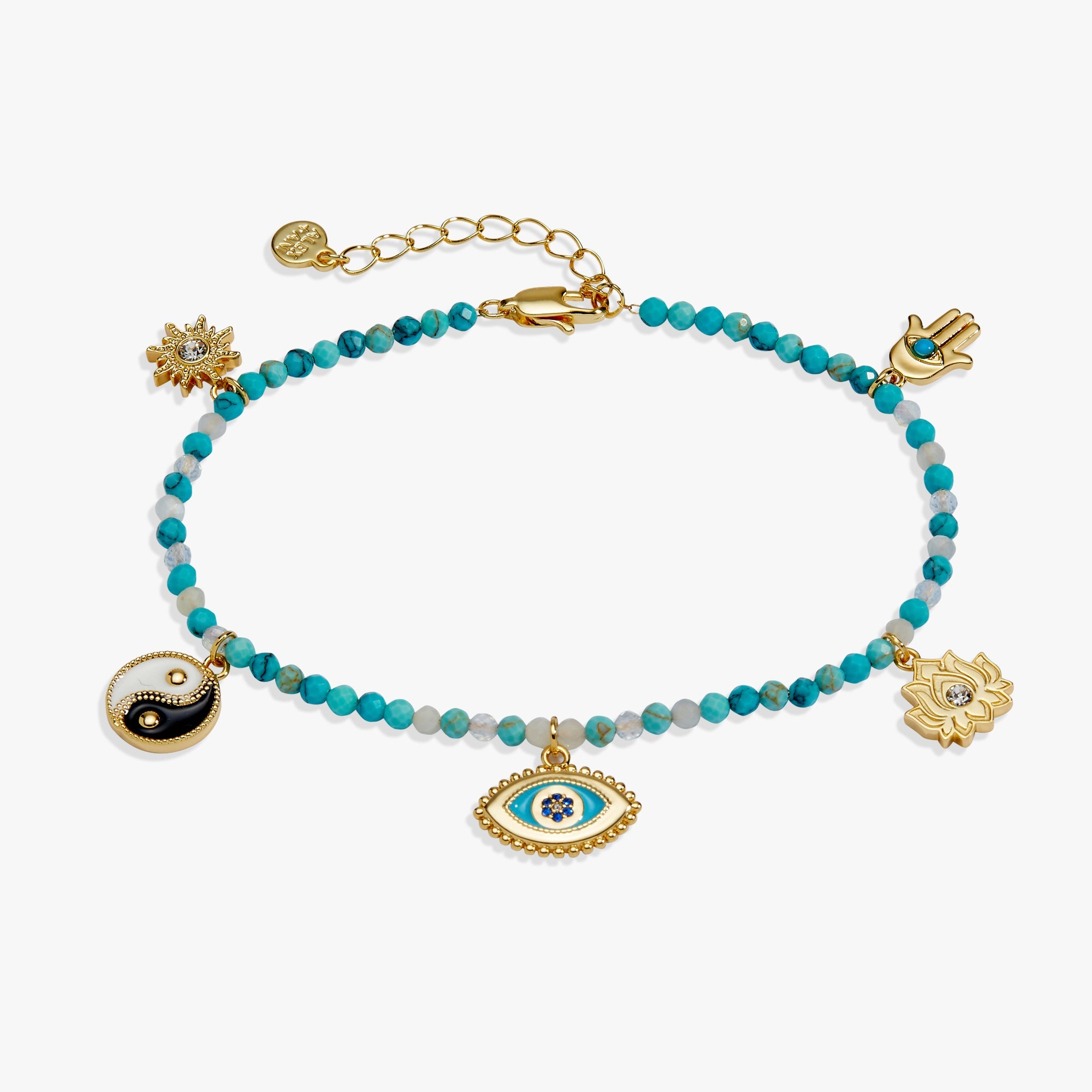 Bracelet with turquoise beads and various charms on a white background