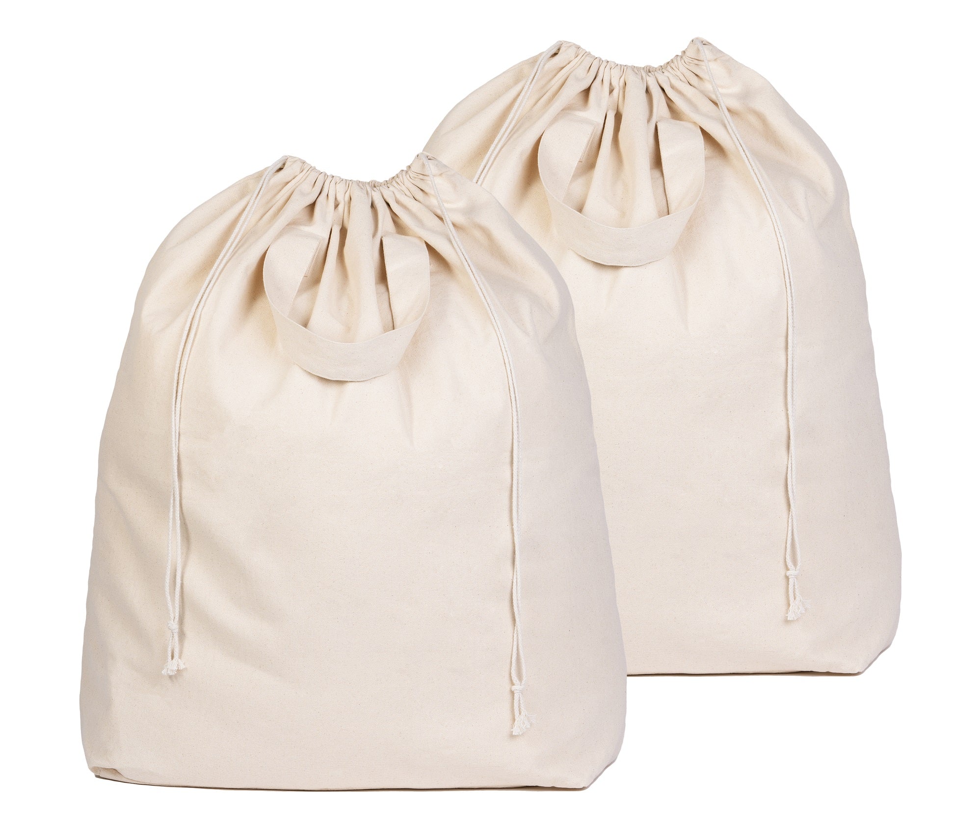 Two beige drawstring bags on a white background