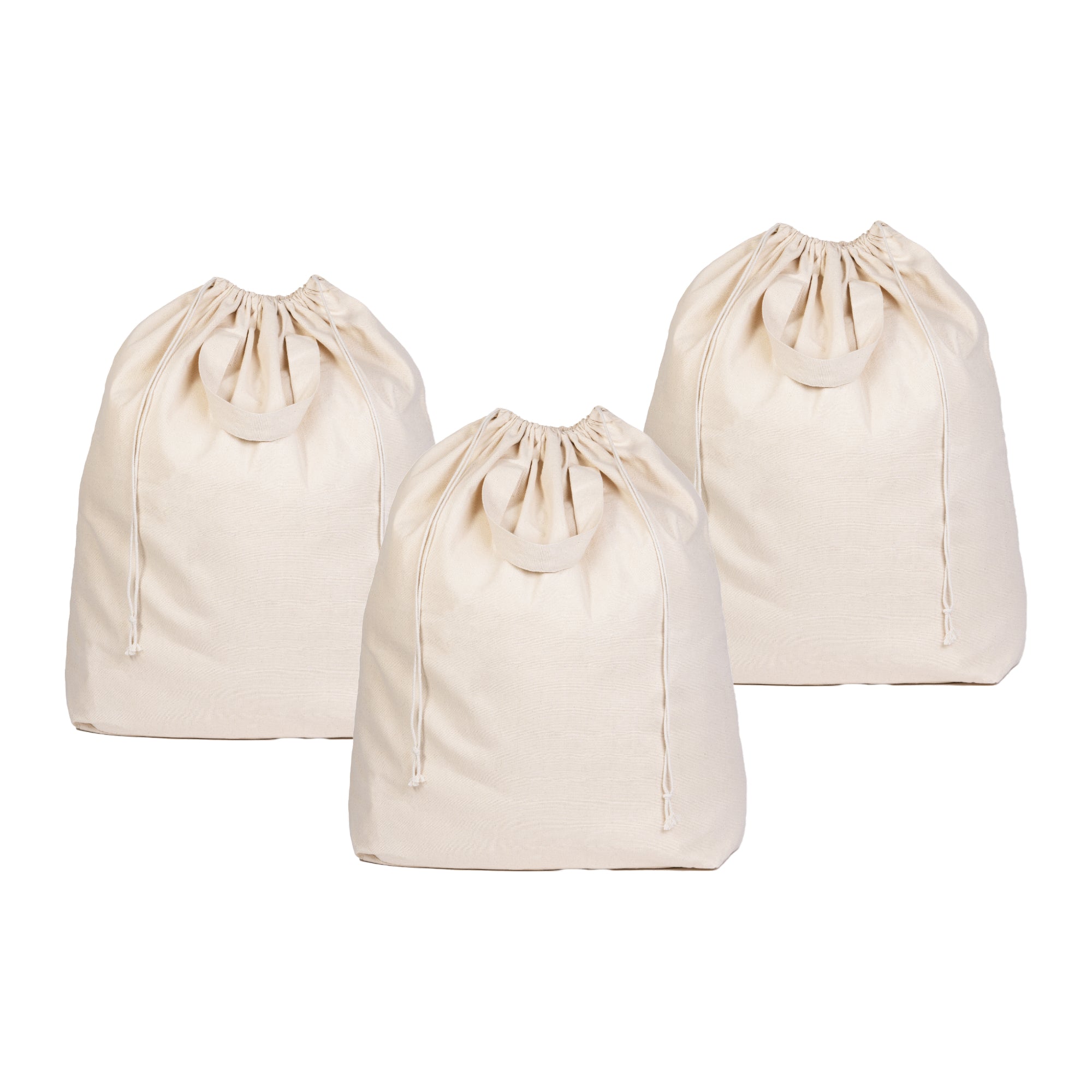 Three beige drawstring bags of different sizes on a white background