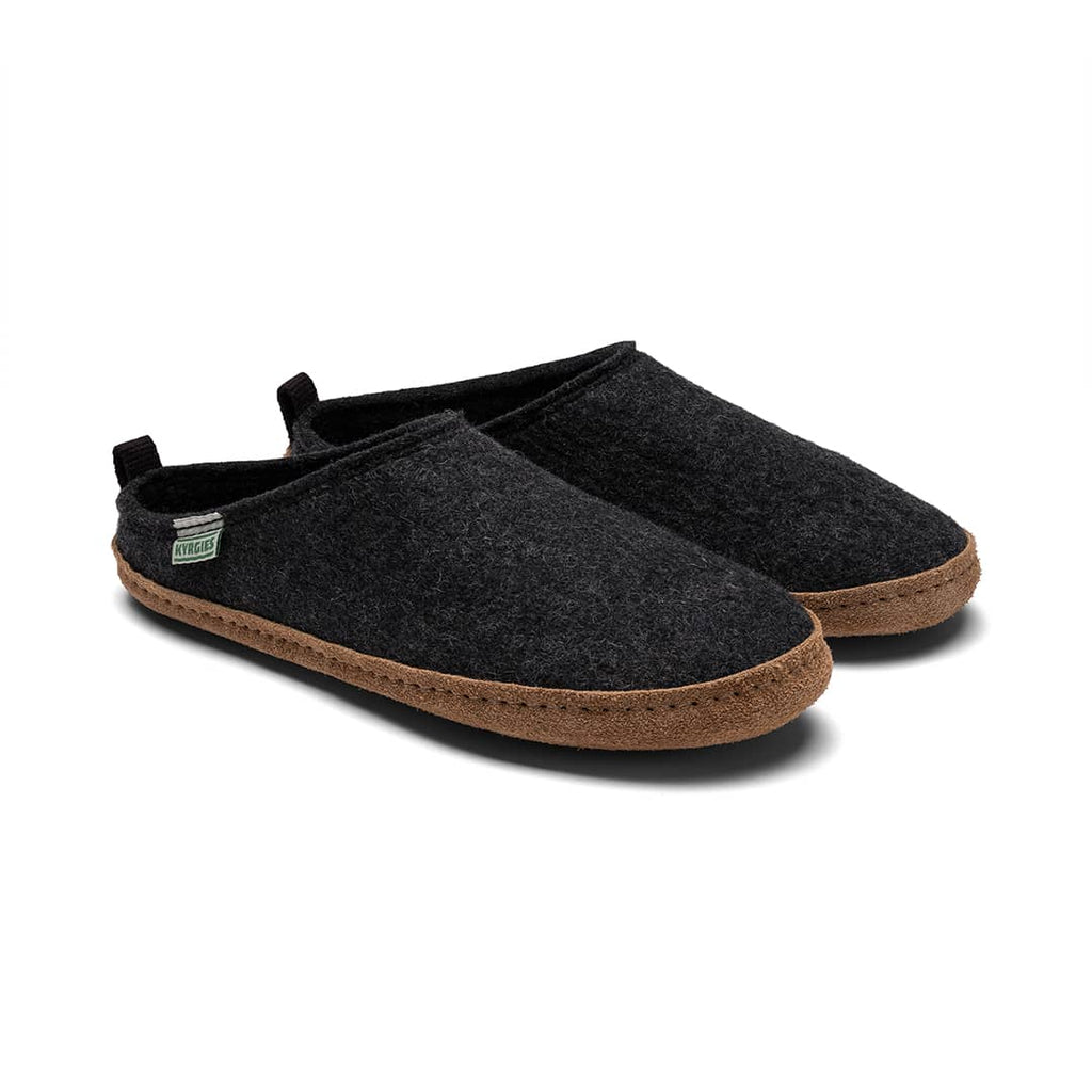 Pair of dark gray slippers with brown soles on a white background