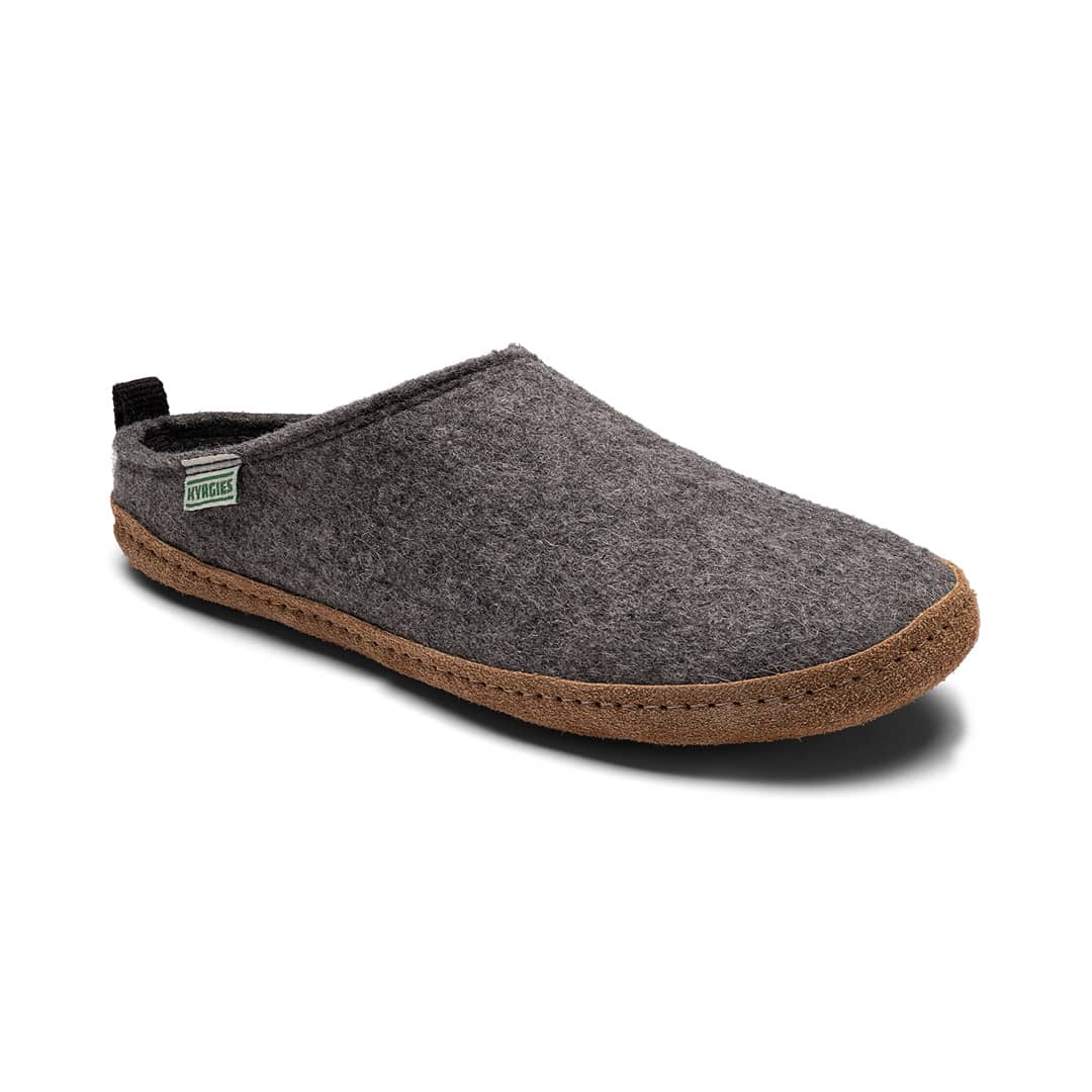 Gray slipper with brown sole on a white background