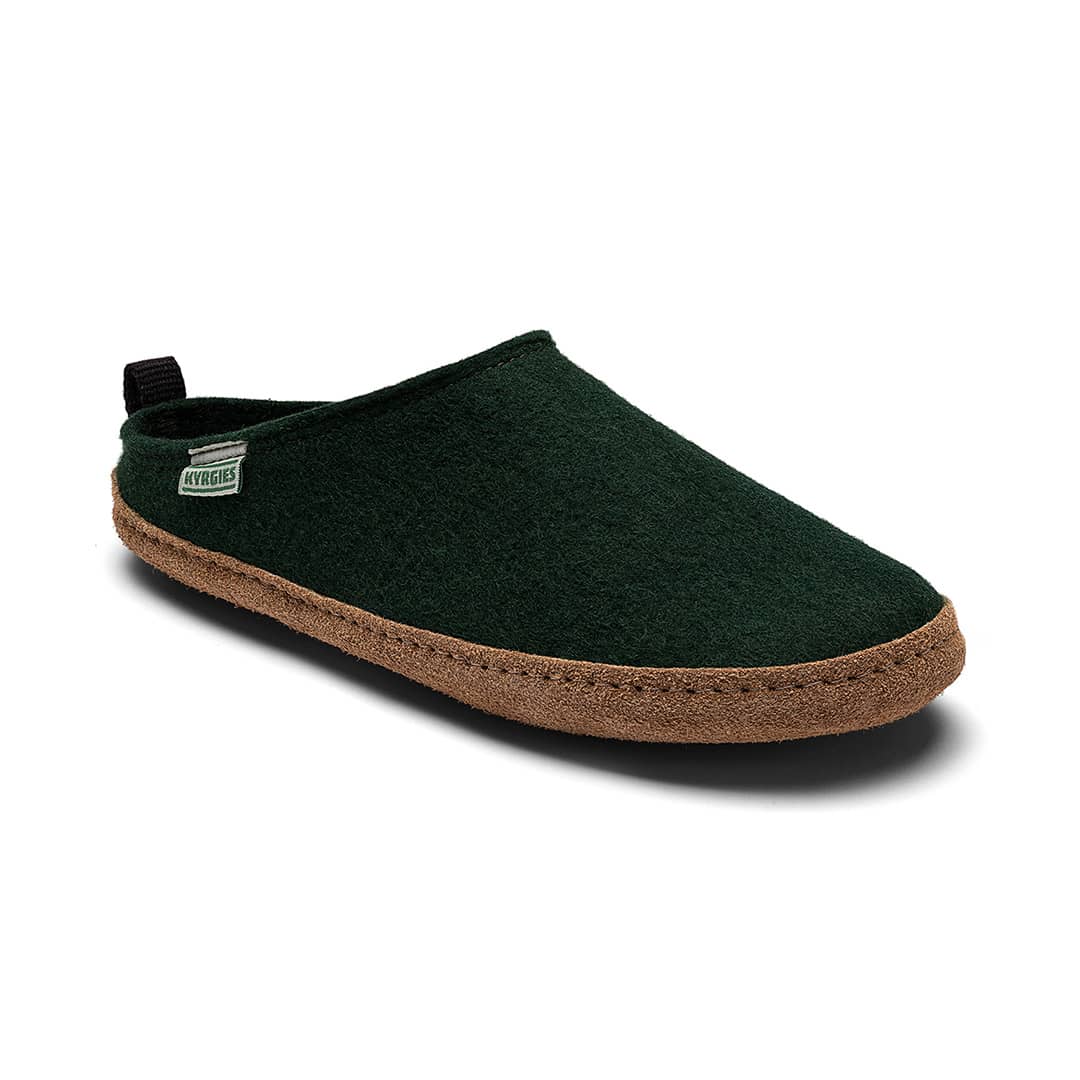 Green slip-on shoe with brown sole on a white background