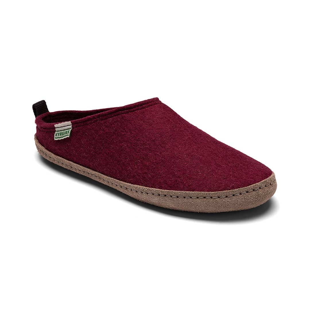 Maroon slipper with brown sole on a white background