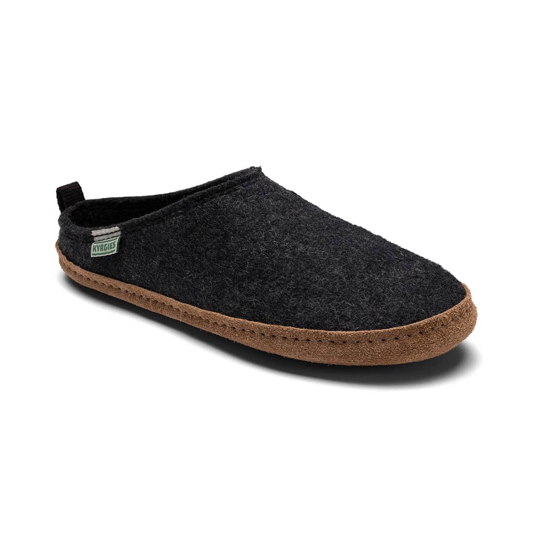 Dark gray slipper with brown sole on a white background