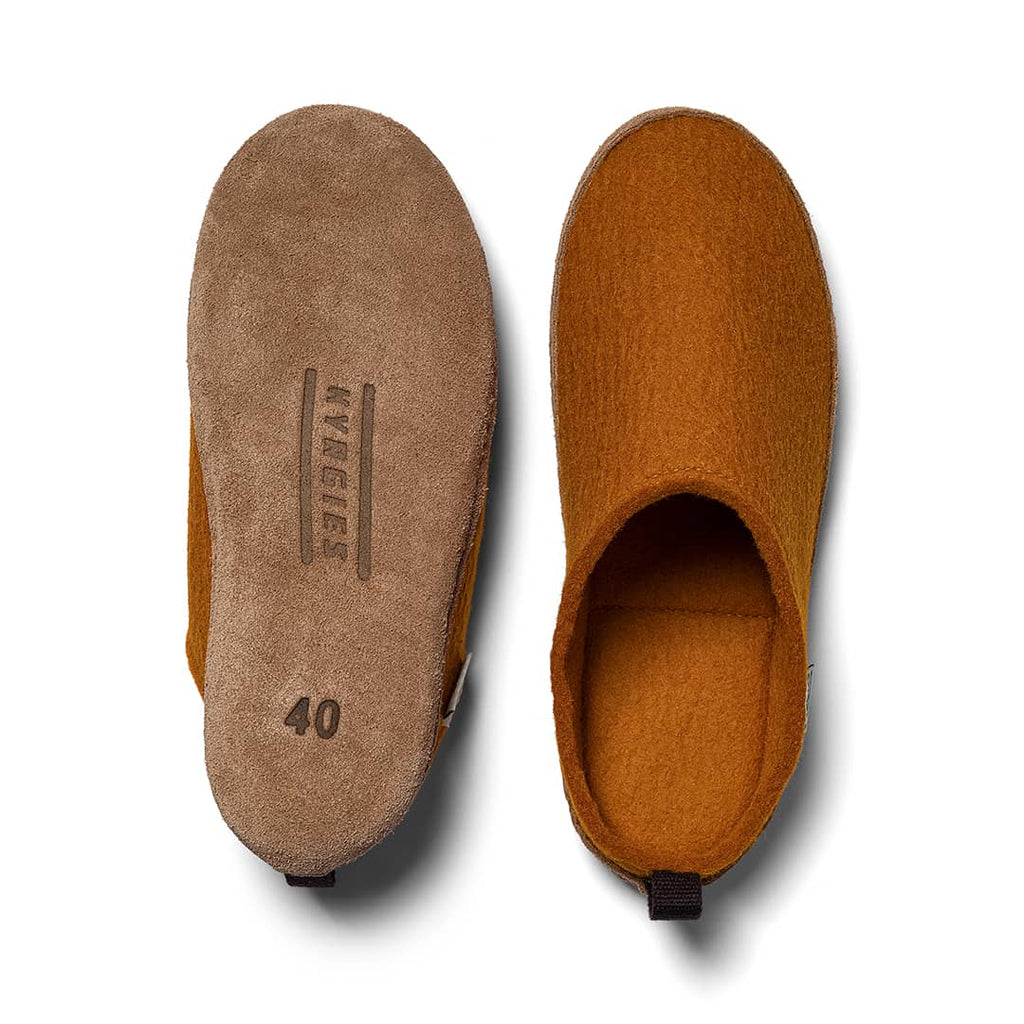 Brown slippers with brand logo on a white background