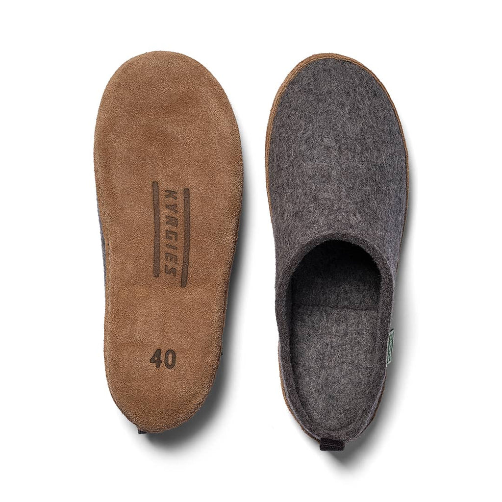 Brown and gray slippers on a white background
