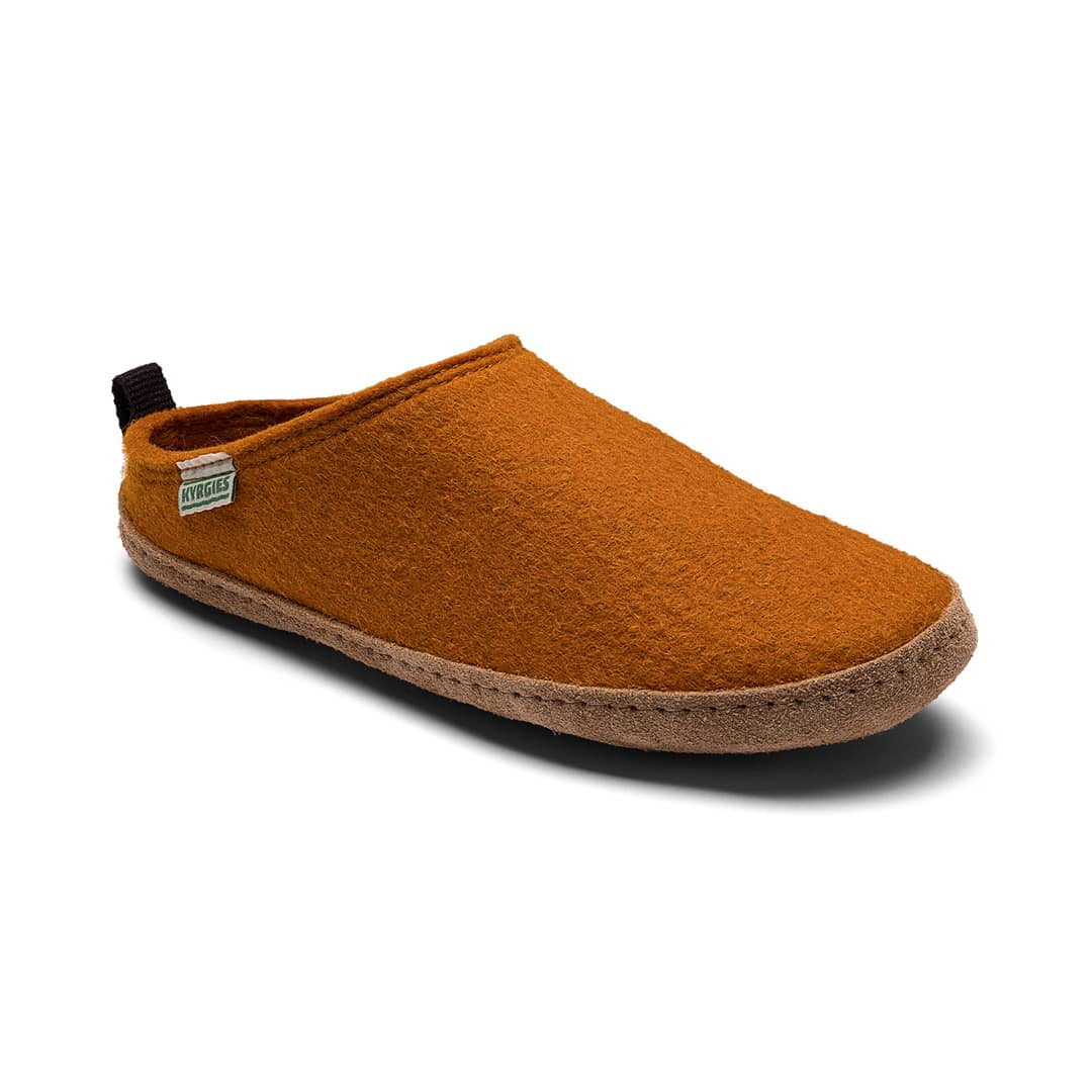 Brown slipper with a visible brand label on a white background