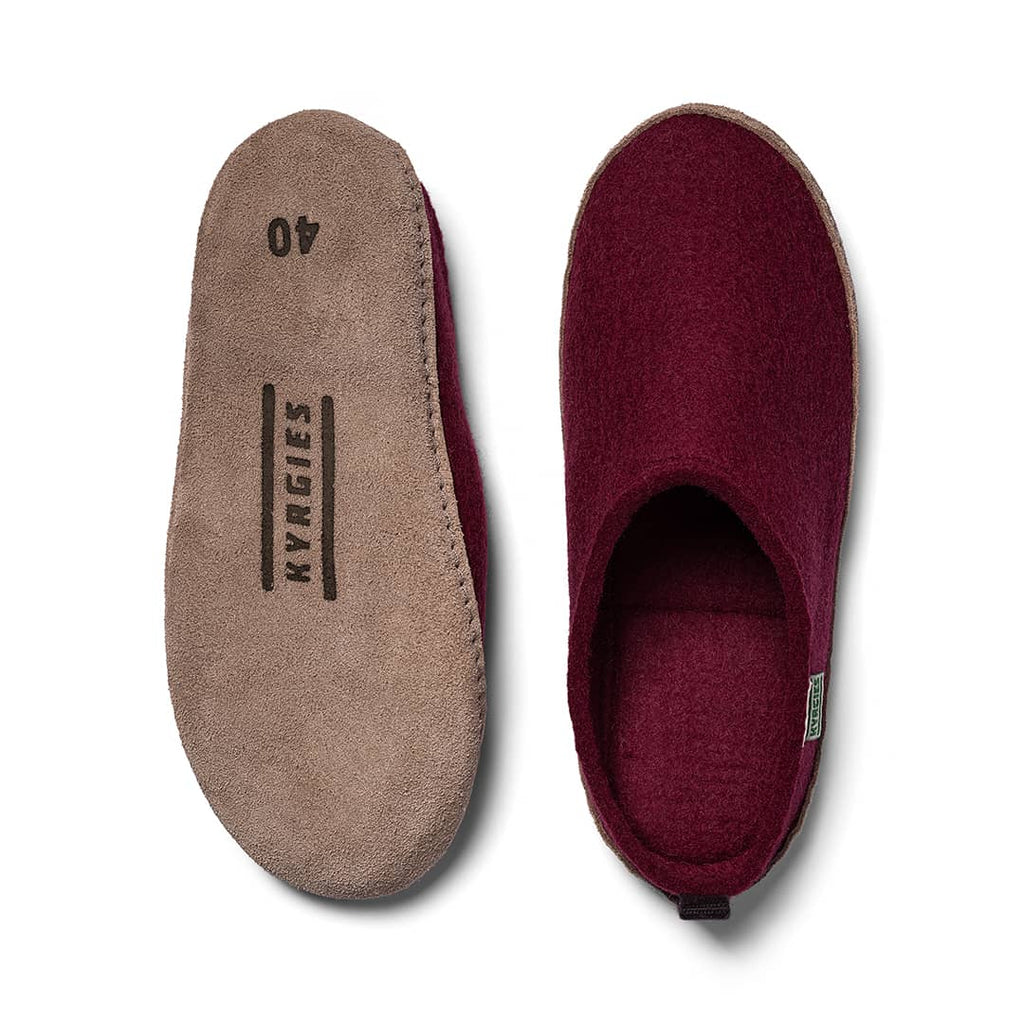 Maroon slipper with brown insole displaying 'Kvargies' branding on a white background