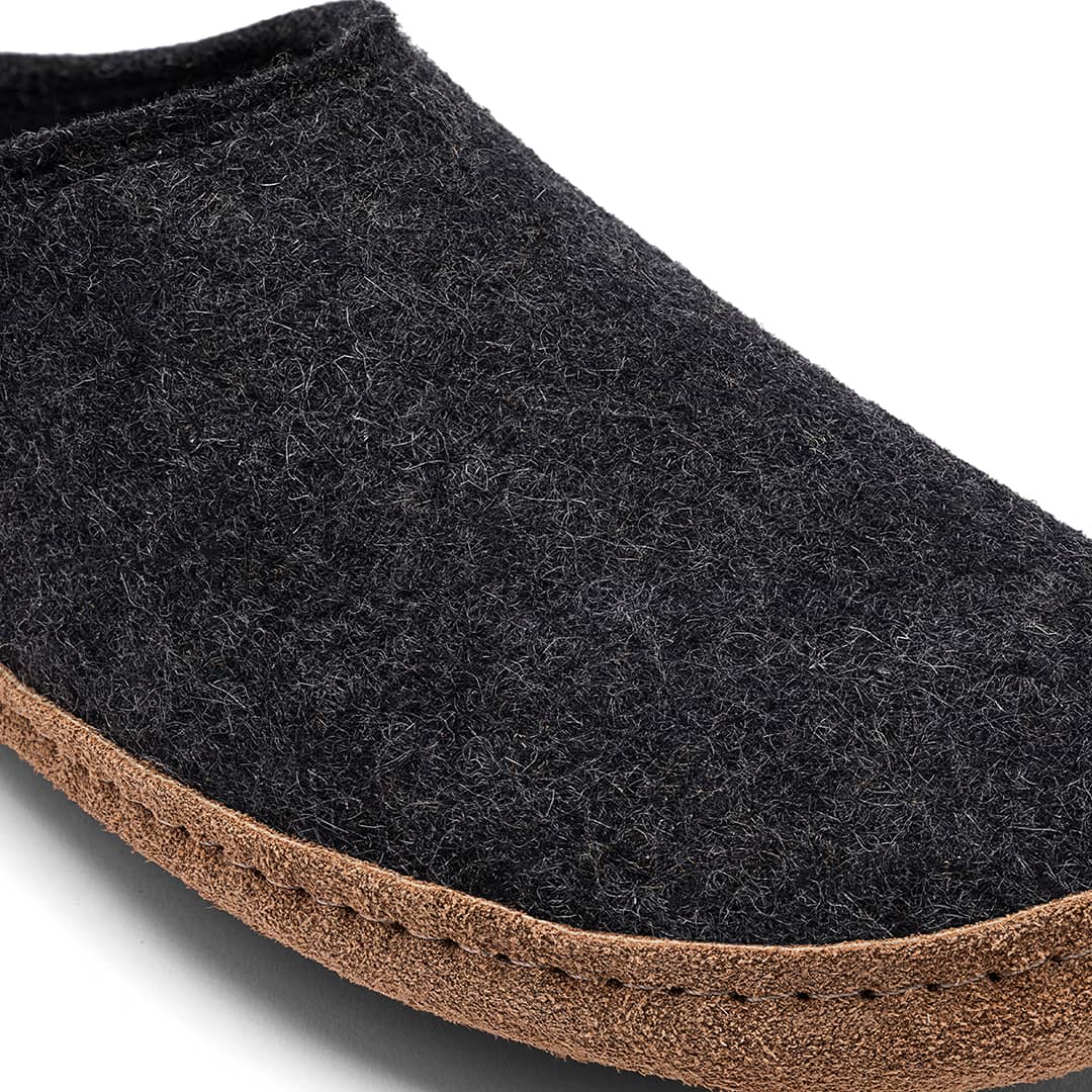 Dark gray slipper with brown sole on a white background