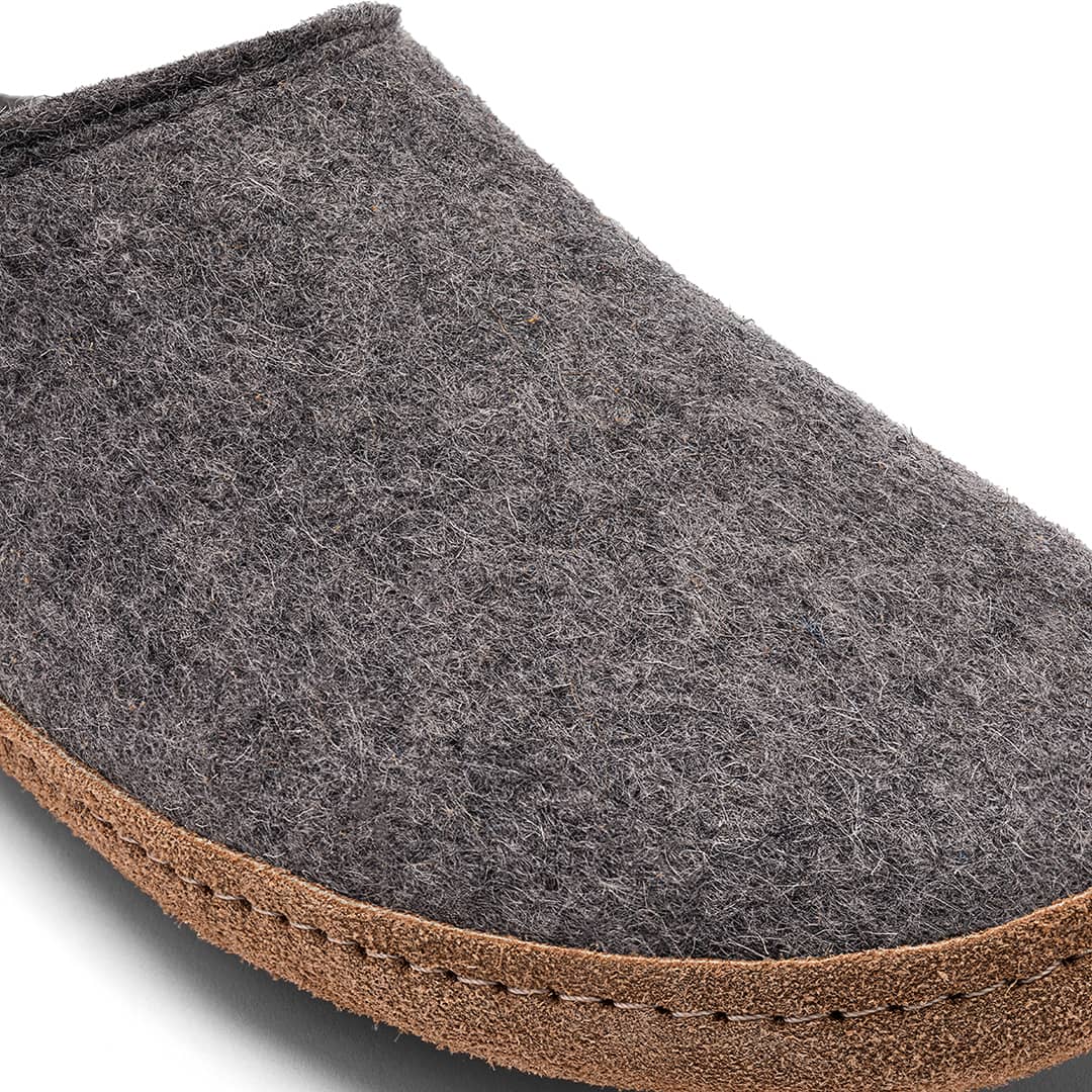 Gray slipper with brown sole on a white background