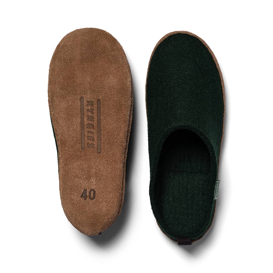 Green slipper and brown insole on a white background