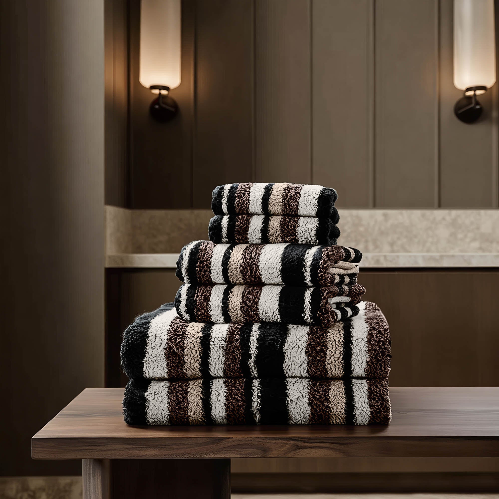 Stack of striped towels on a wooden table in a bathroom setting