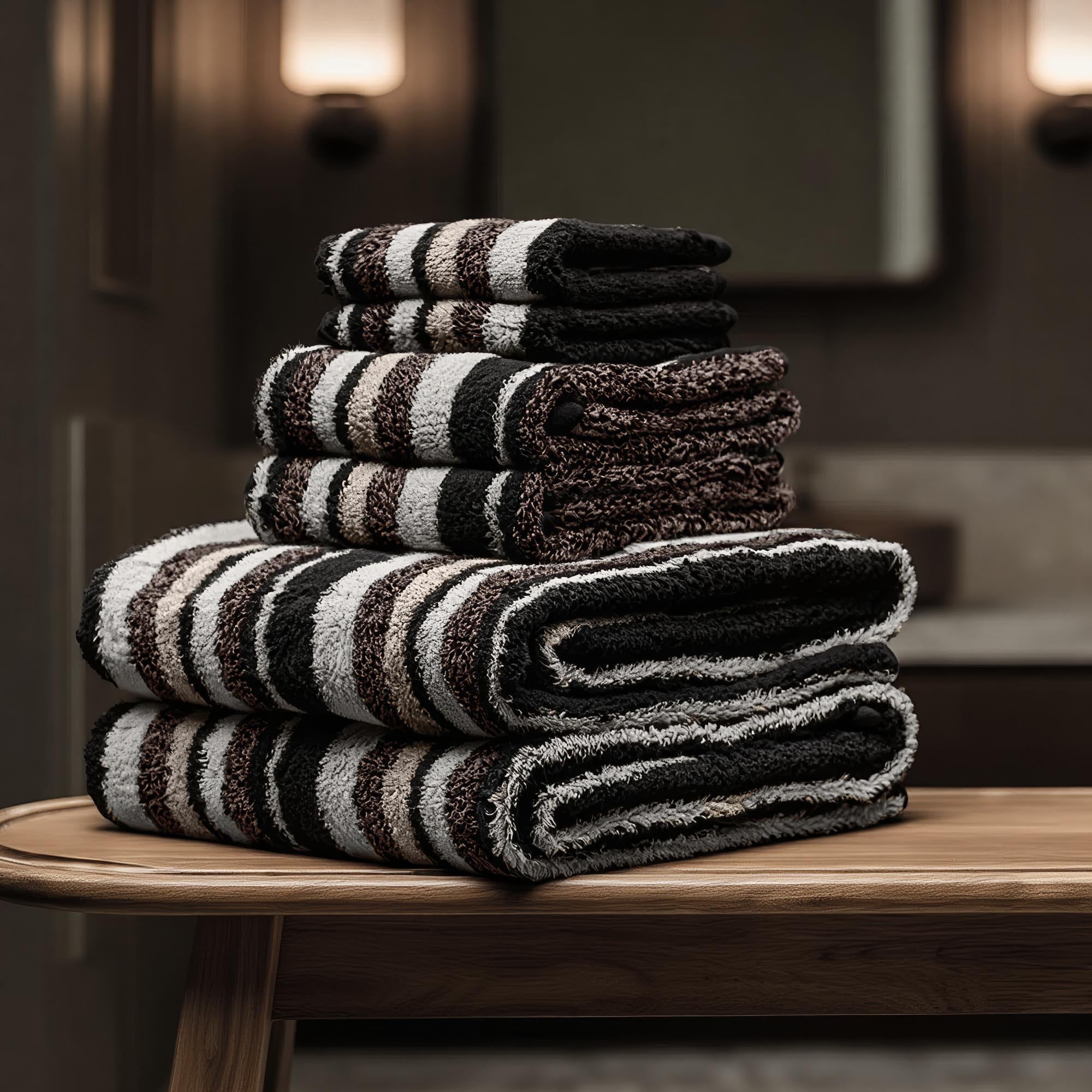 Stack of striped towels on a wooden surface with a blurred background