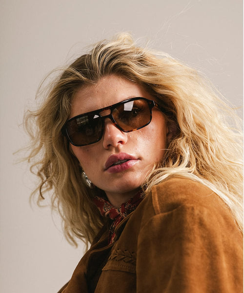 Person wearing sunglasses and a brown jacket with a neutral background