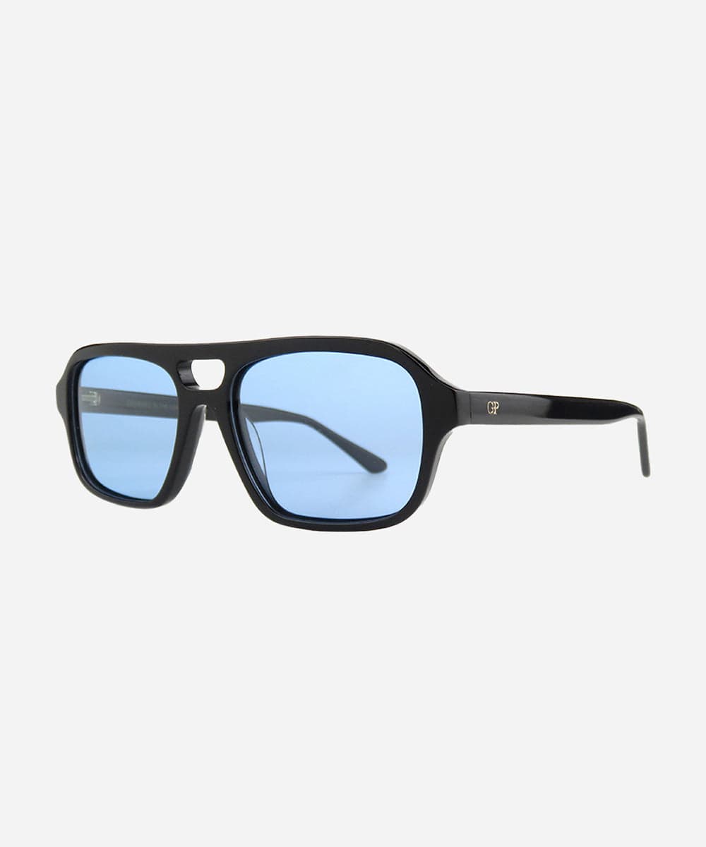 Black sunglasses with blue lenses on a white background